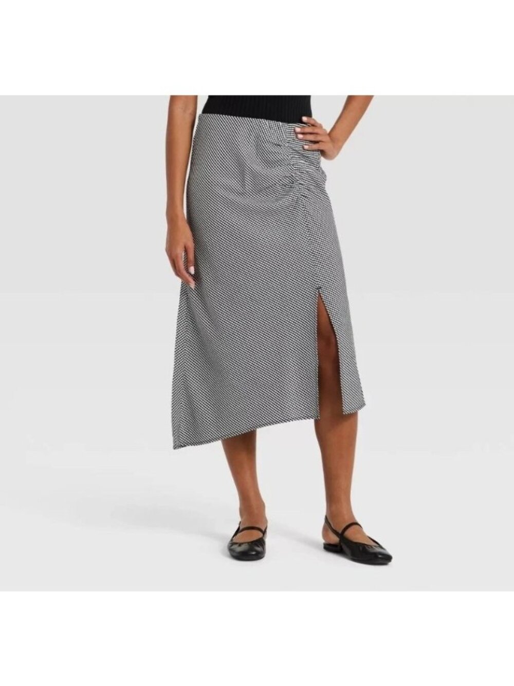 A New Day Women's Midi Asymmetrical Gingham Skirt Black White Ruched Slit M